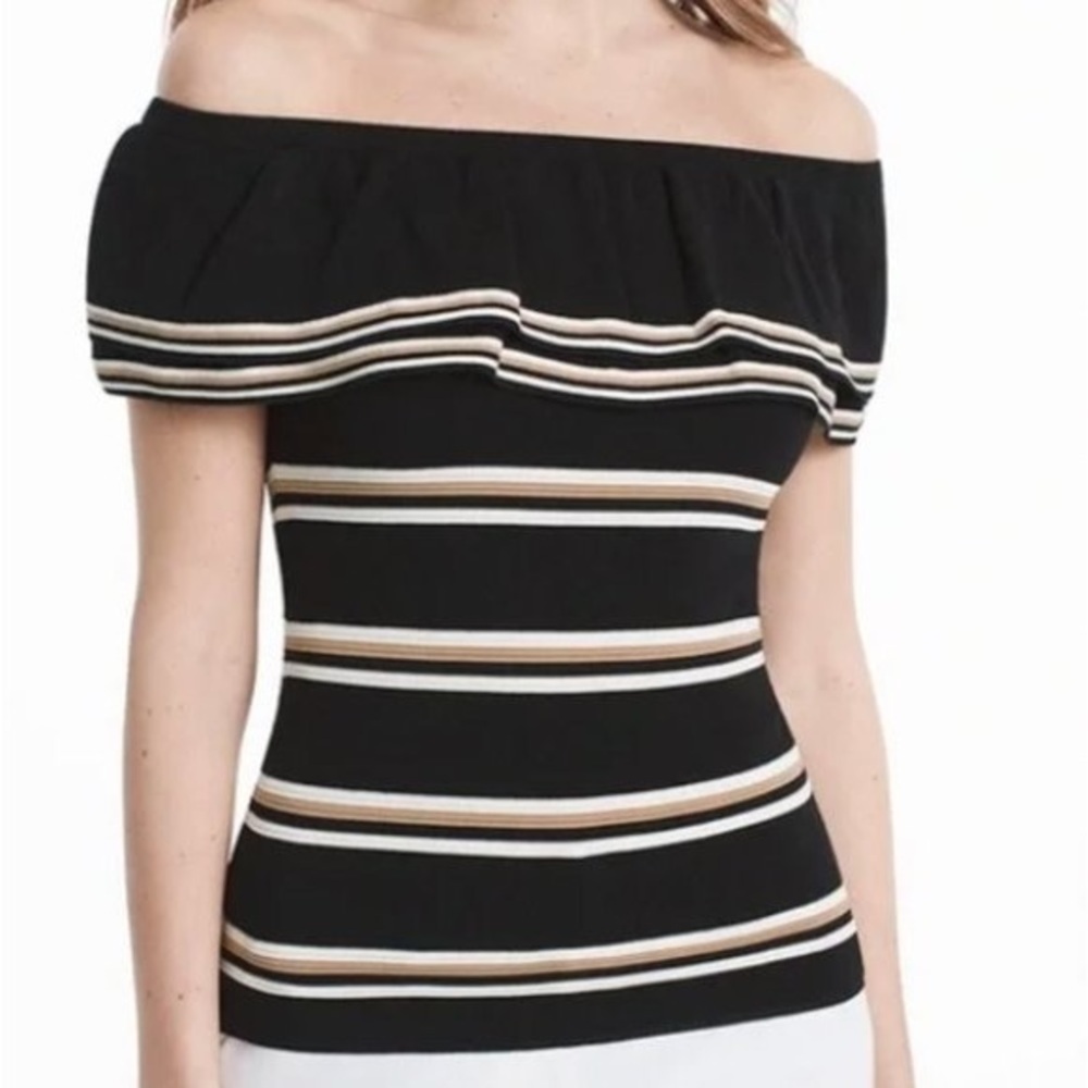 WHBM Off Shoulder Ruffle Striped Sweater Top Black tan white Sz S - Picture 10 of 14